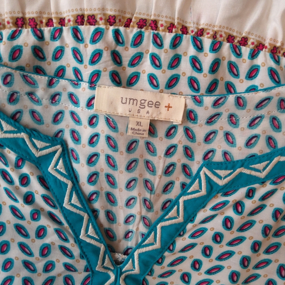 Umgee White Tunic/Dress with Teal Trim & Blue Print - Picture 9 of 10
